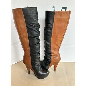 VTG Donald Pliner Jayla Women's Leather Boots Black And Brown Knee High Heel 6.5